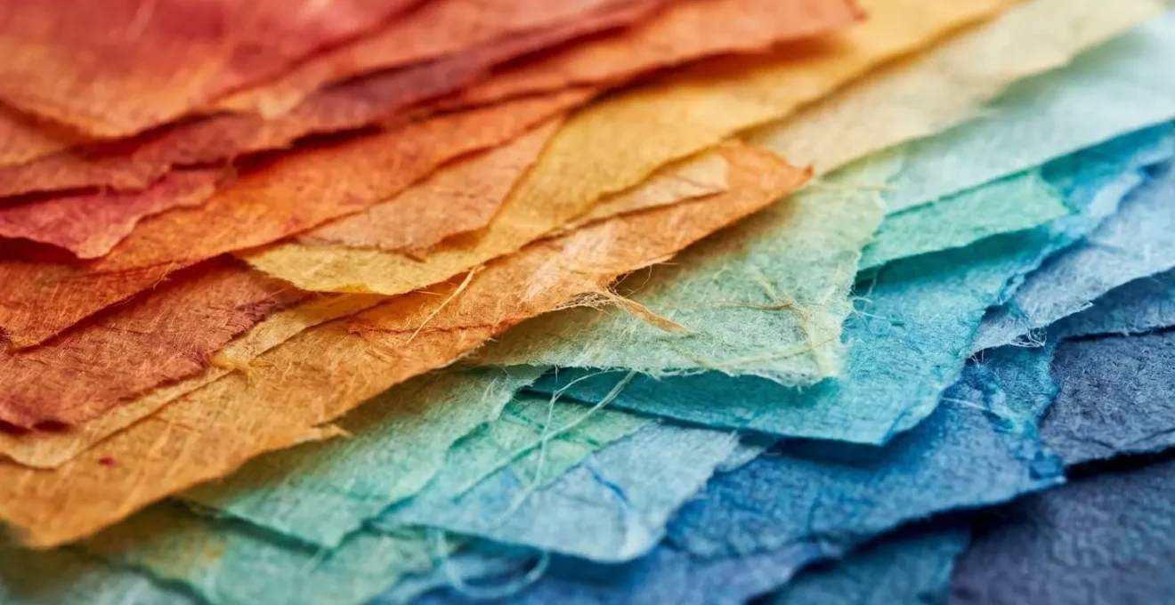 Vue macro détaillée de papiers colorés superposés créant un dégradé thermique du rouge au bleu, symbolisant une heatmap.