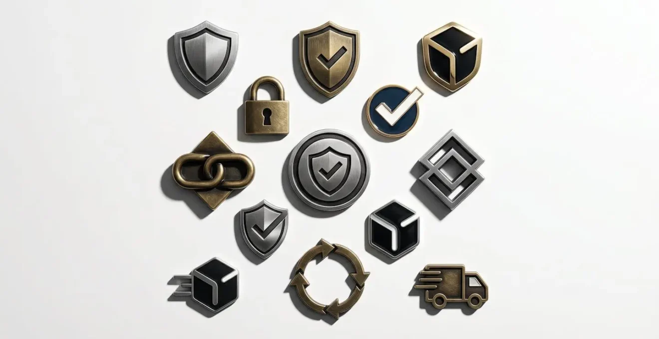 Collection de badges de confiance français et logos de transporteurs locaux sur fond neutre