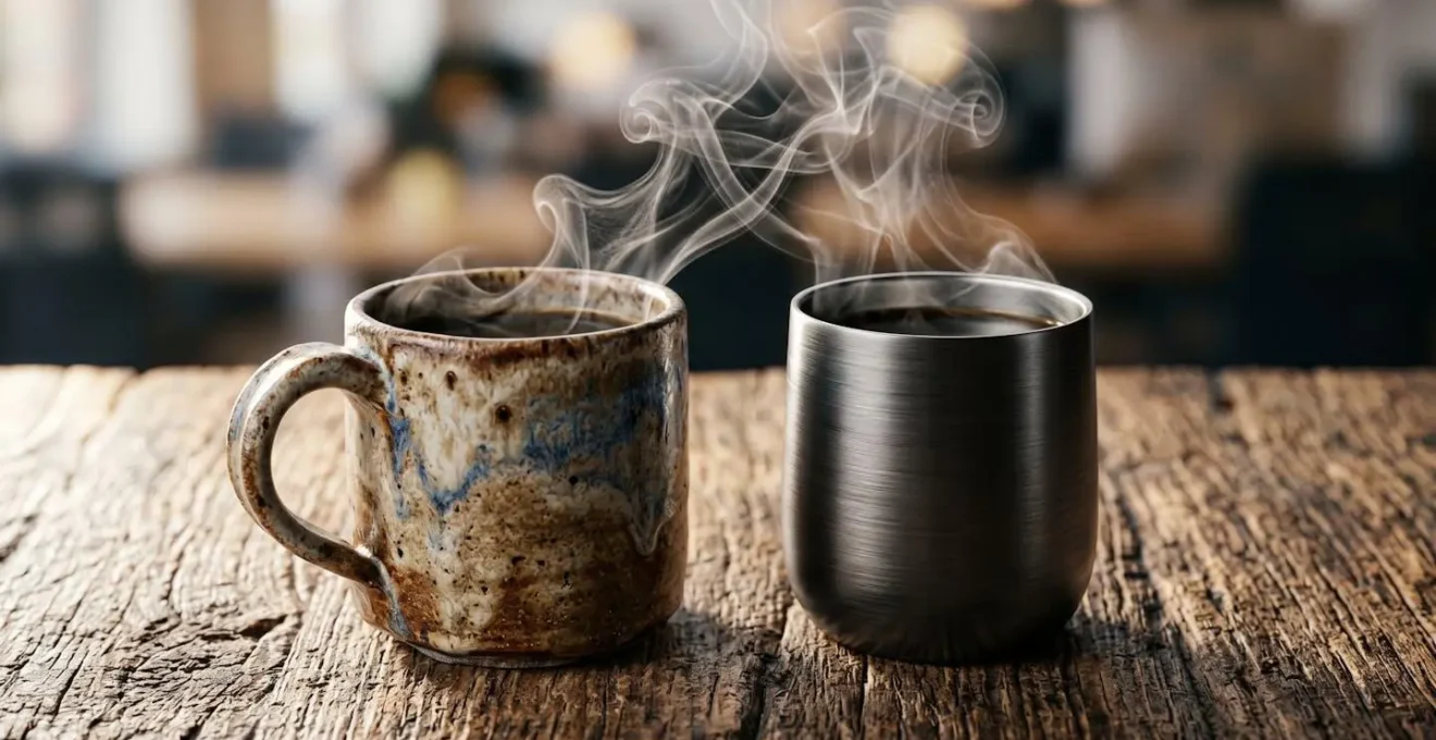 Représentation macro d'une conversation fluide entre technologie et humanité, symbolisée par deux tasses de café.