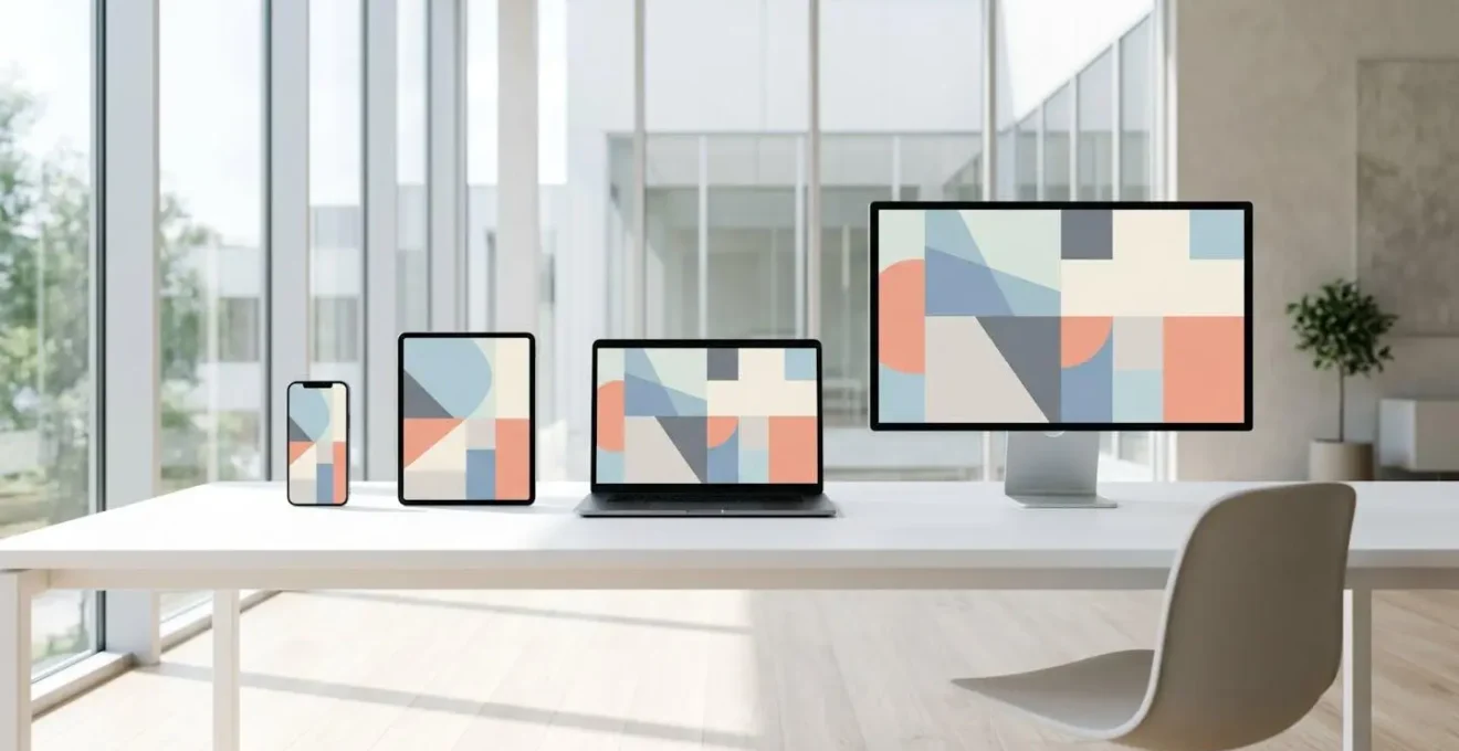 Vue grand angle d'un espace de travail moderne montrant plusieurs appareils alignés avec des interfaces cohérentes dans un environnement épuré