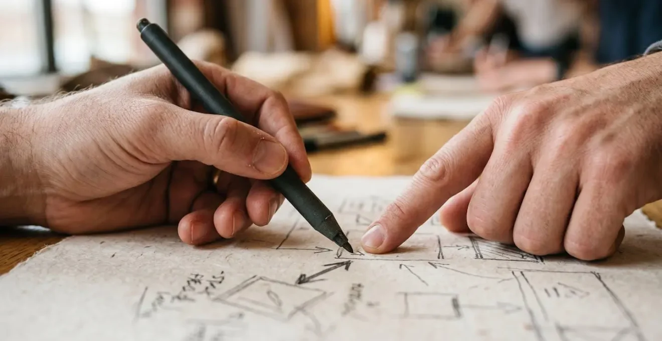 Designer et développeur travaillant ensemble sur un écran avec annotations techniques