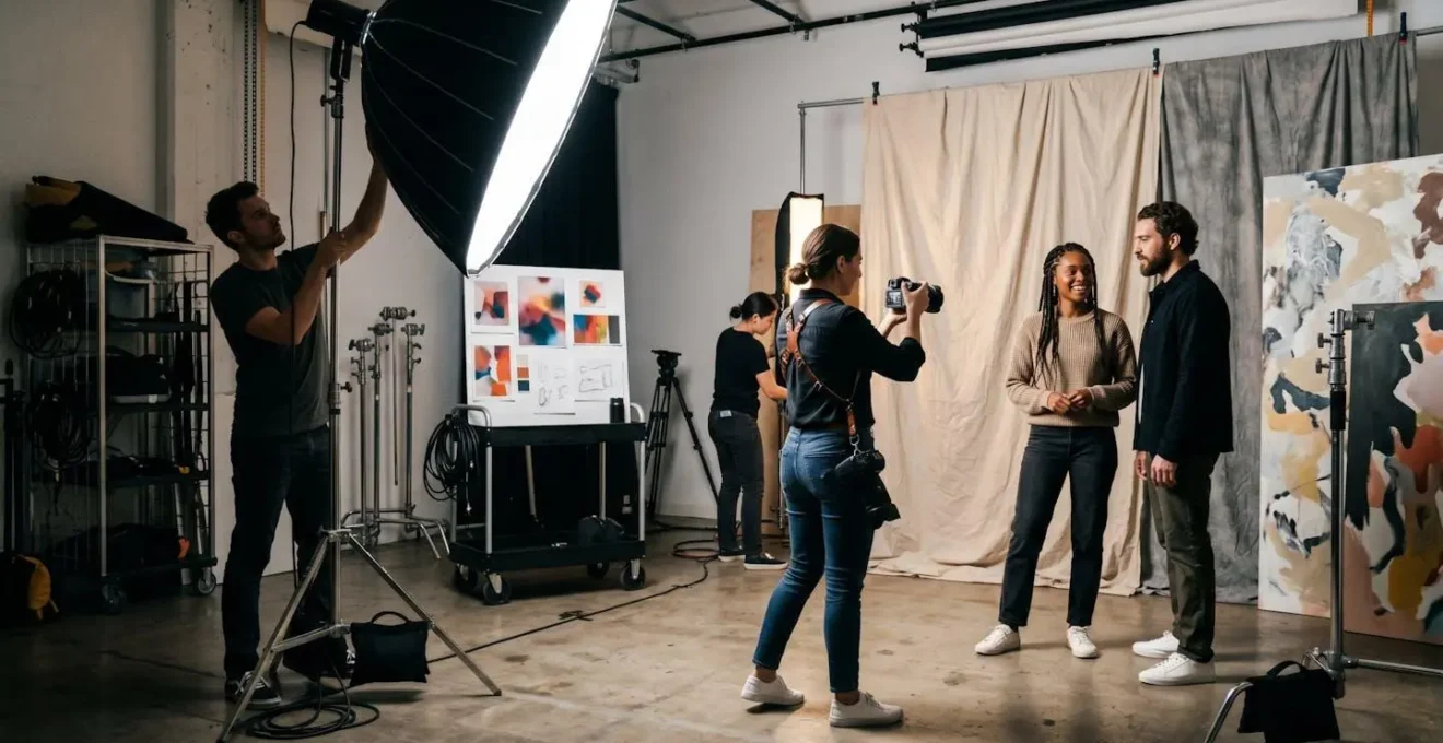 Studio photo professionnel avec équipe créative en pleine séance de shooting pour une marque