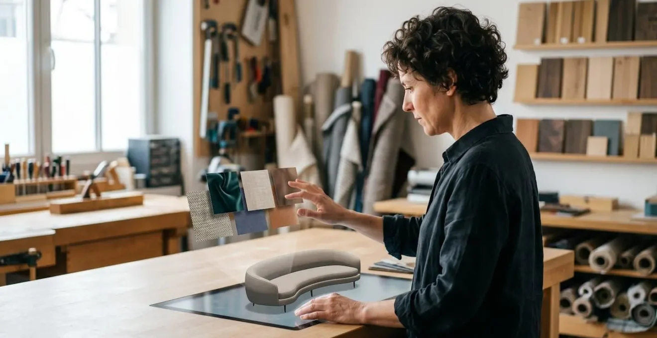 Personne configurant un canapé en 3D sur tablette dans un showroom moderne