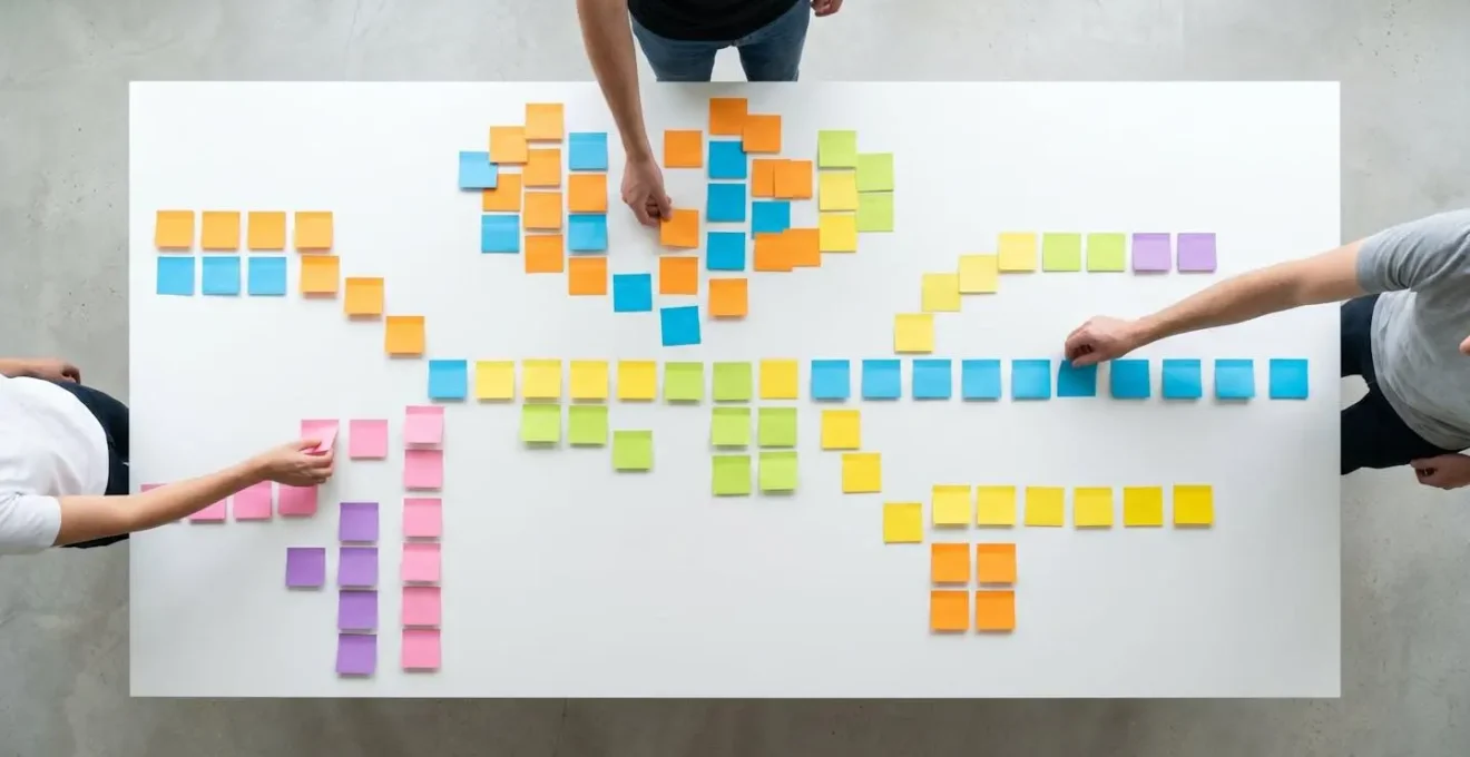 Vue aérienne d'une session de travail collaborative avec post-its colorés sur grande table