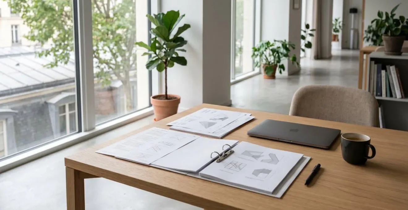 Vue minimaliste d'un espace de travail moderne avec documents techniques flous et diagrammes architecturaux abstraits