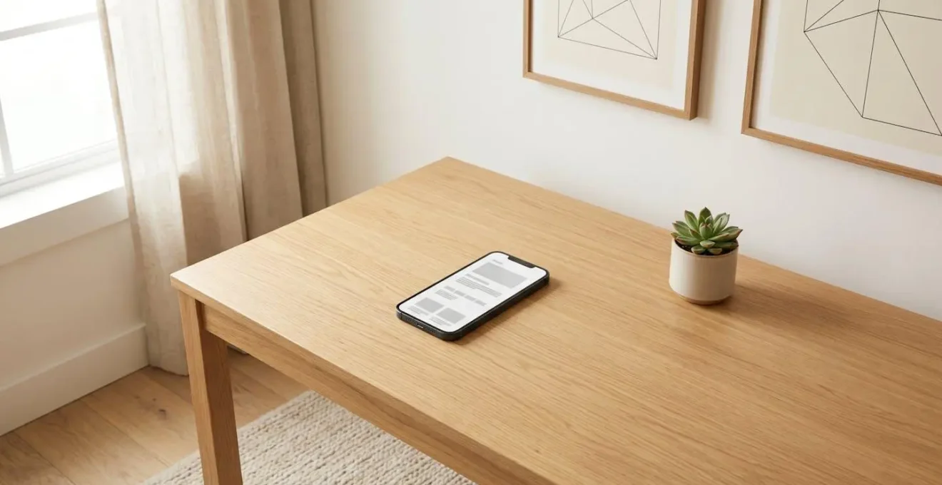 Vue large d'un espace de travail minimaliste avec smartphone montrant des blocs de texte aérés, composition épurée