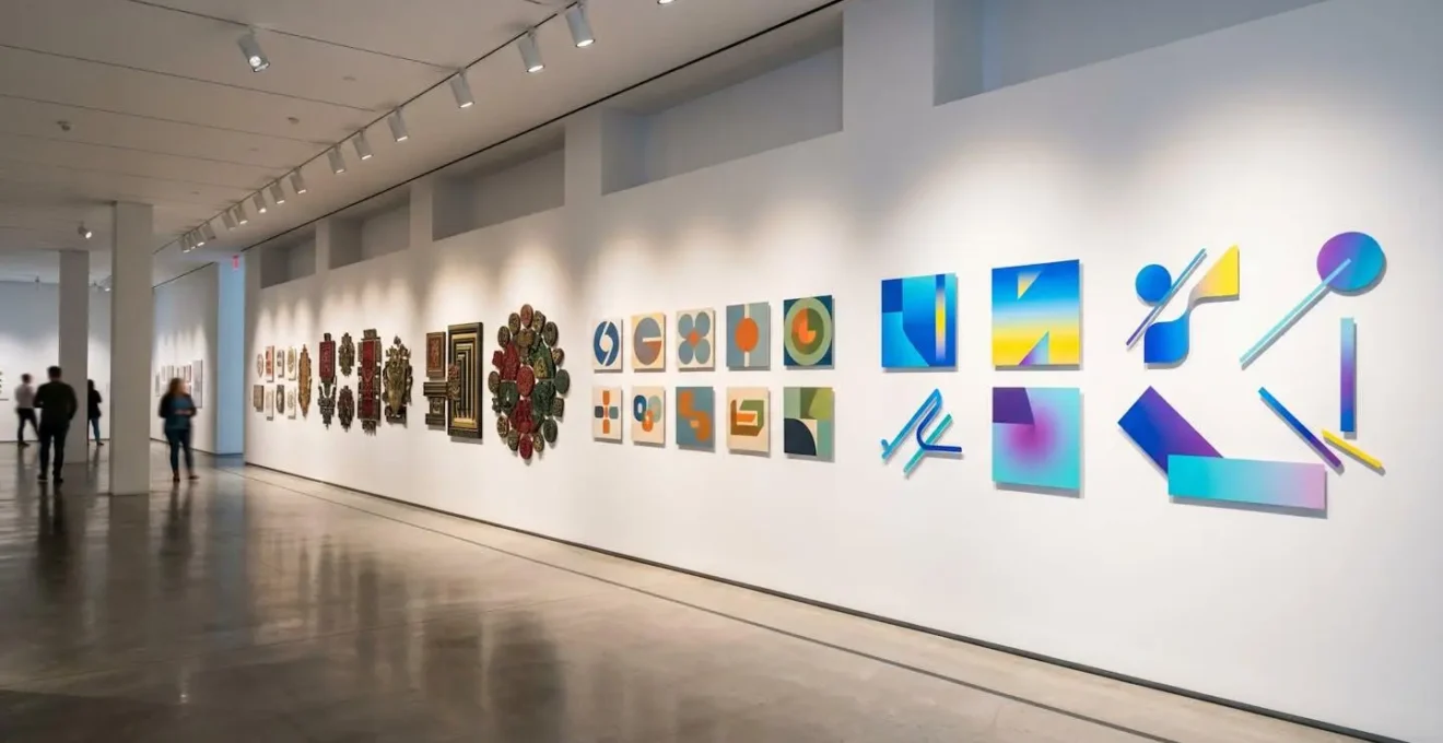 Mur d'exposition montrant l'évolution chronologique d'une identité de marque avec différentes versions de logos et chartes graphiques