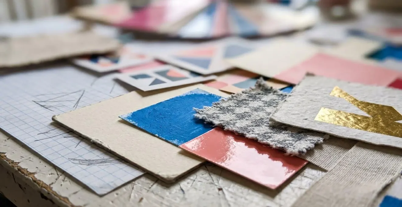 Plan macro d'une surface de bureau avec échantillons de couleurs et grilles de composition