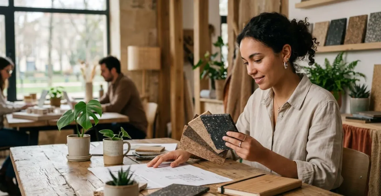 Portrait émotionnel d'un jeune professionnel français dans un environnement de travail moderne et durable