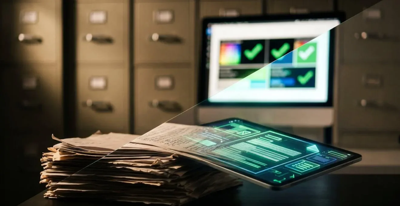 Bureau administratif avec pile de documents et outils de conversion numérique pour l'accessibilité