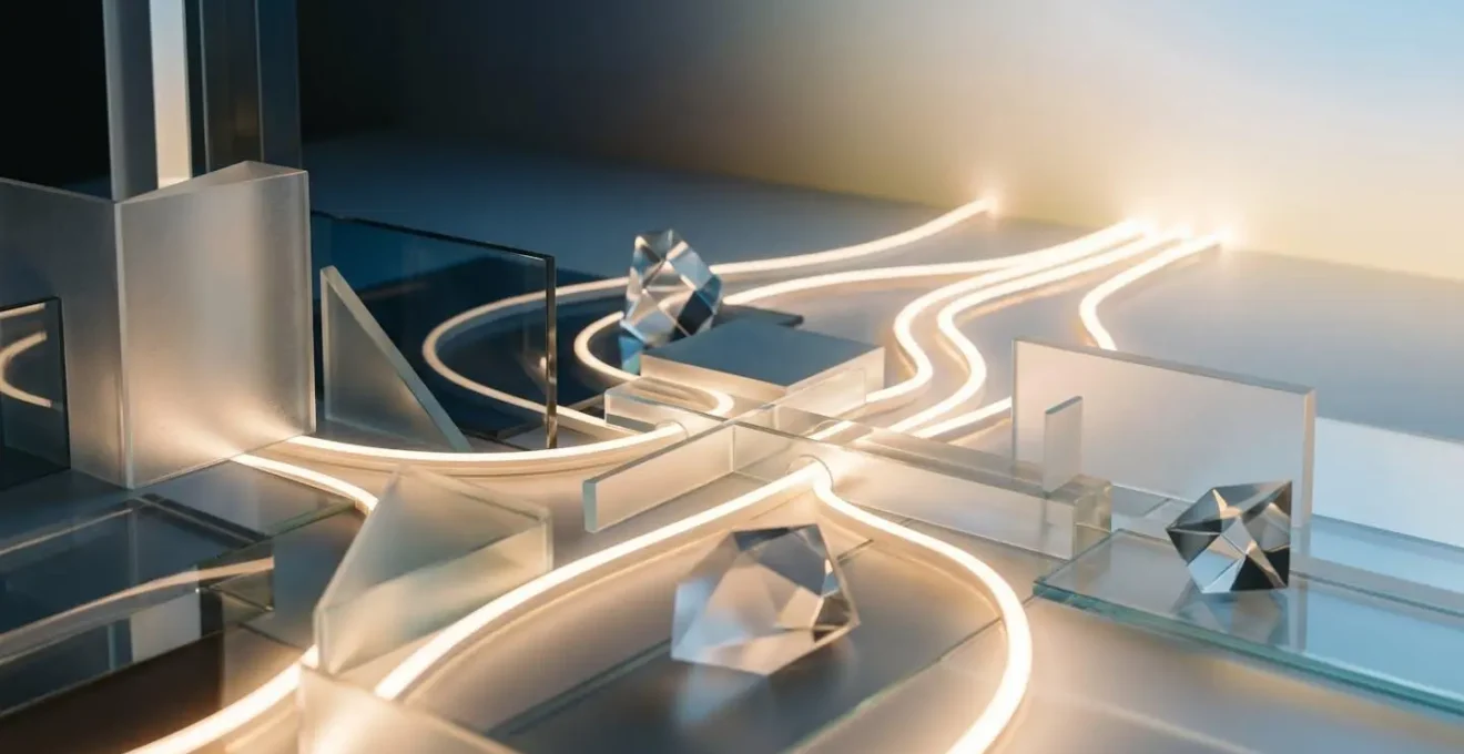 Représentation abstraite d'un chemin lumineux guidant à travers un labyrinthe minimaliste