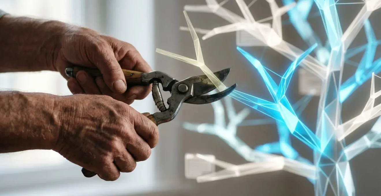 Un jardinier taille délicatement des branches numériques d'un arbre de contenu web