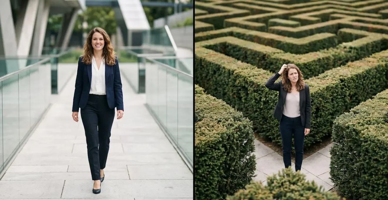 Comparaison visuelle entre un chemin direct symbolisant une landing page et un labyrinthe symbolisant une page produit.