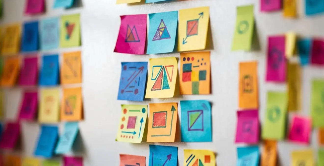 Vue macro d'un tableau blanc avec post-its organisés en quadrants de priorisation MoSCoW