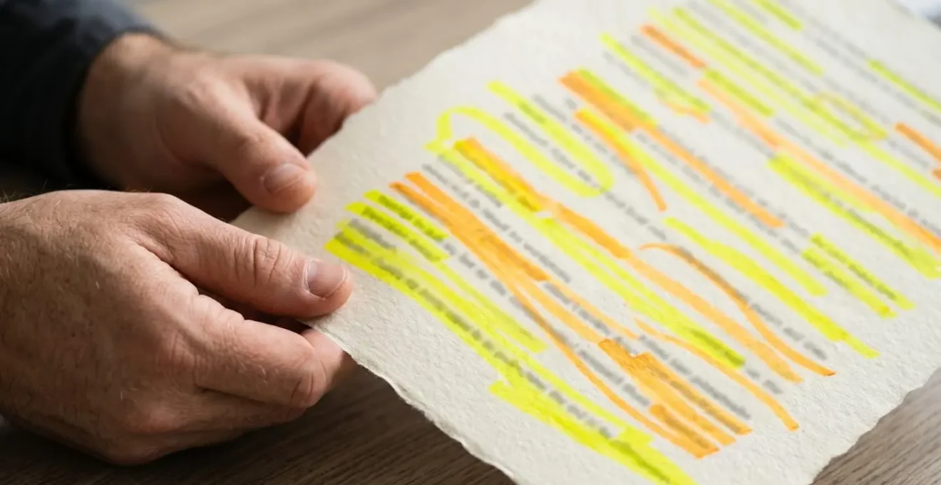 Gros plan sur des mains tenant un document avec surlignage abstrait, mise en évidence de mots-clés sans texte lisible