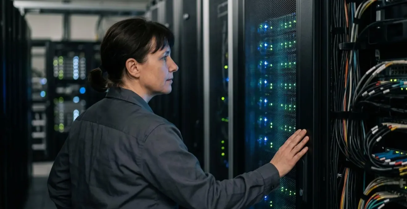 Salle serveur moderne avec écrans de monitoring et indicateurs de sécurité