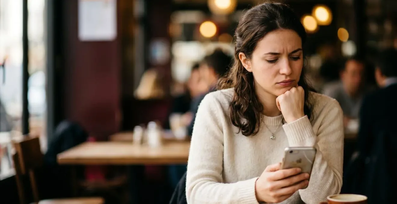 Personne hésitante devant un écran flou avec notifications symboliques représentées par des bulles translucides