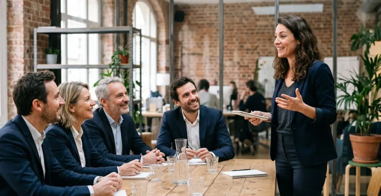 Entrepreneur présentant avec passion devant un groupe d'investisseurs dans un espace de coworking parisien