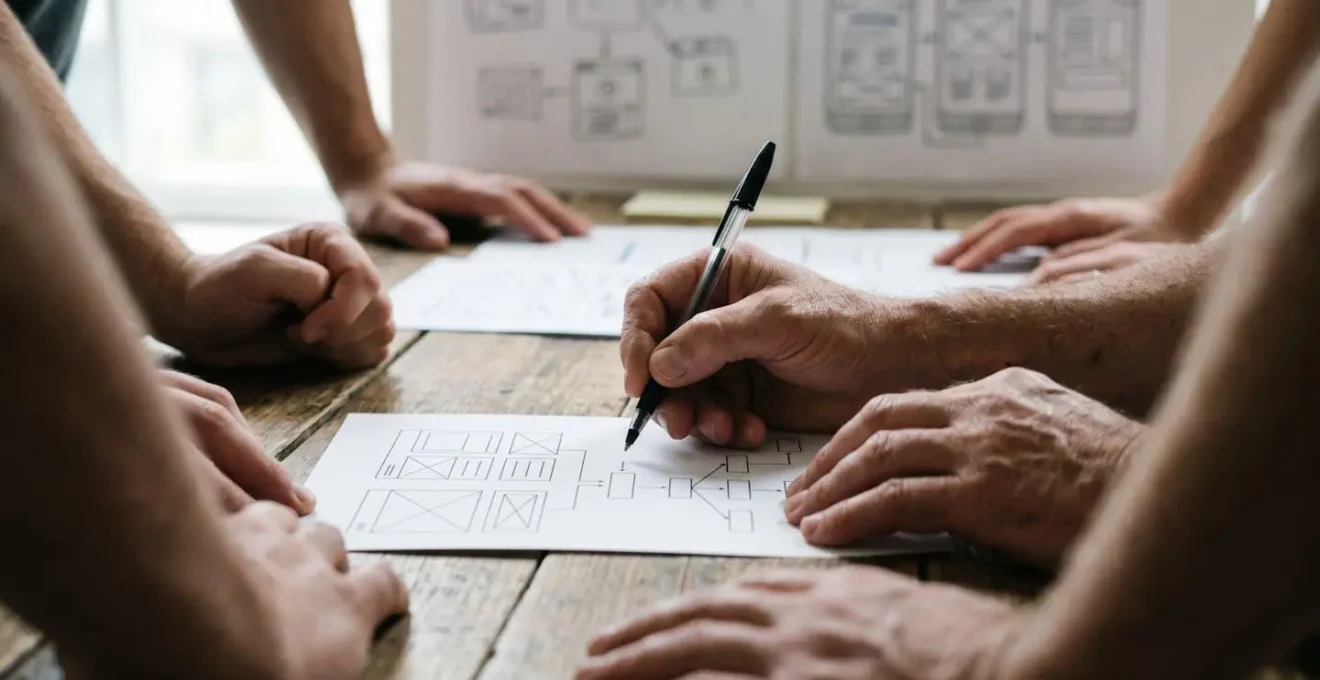 Mains signant des documents de validation avec maquettes wireframe en arrière-plan