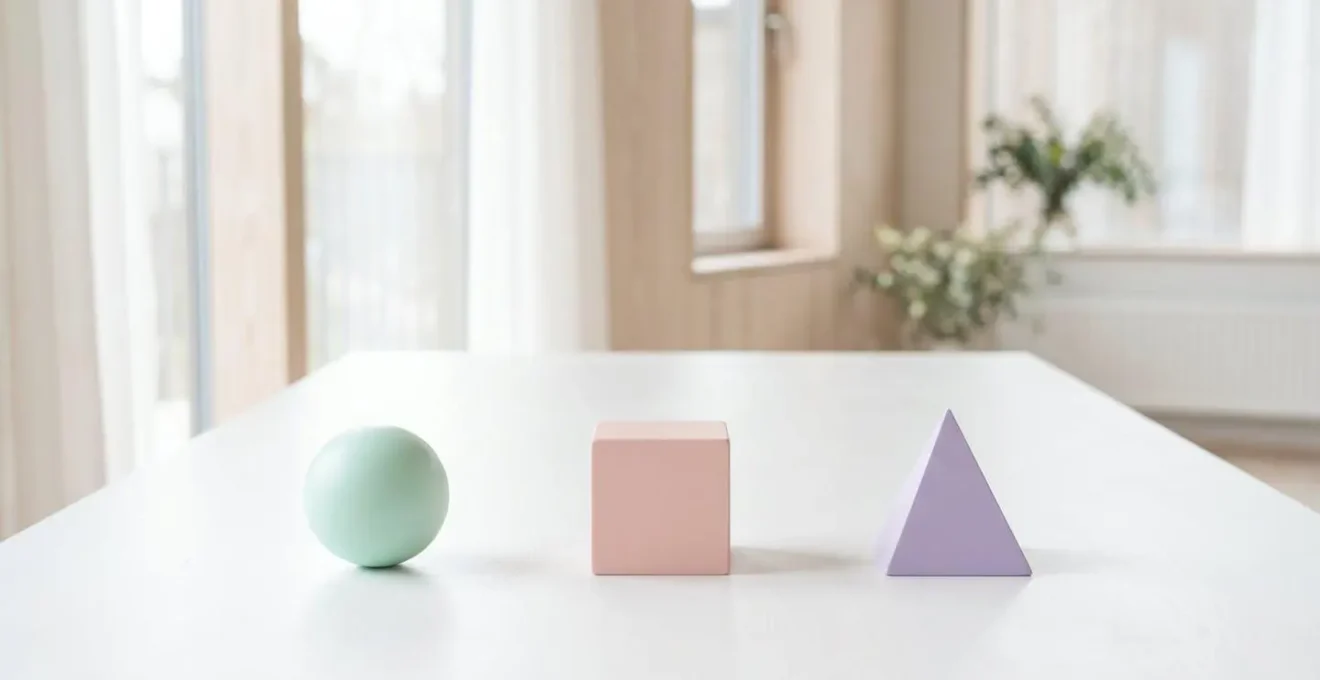 Espace épuré avec organisation minimaliste de trois objets géométriques, symbolisant la simplicité et la clarté des choix.