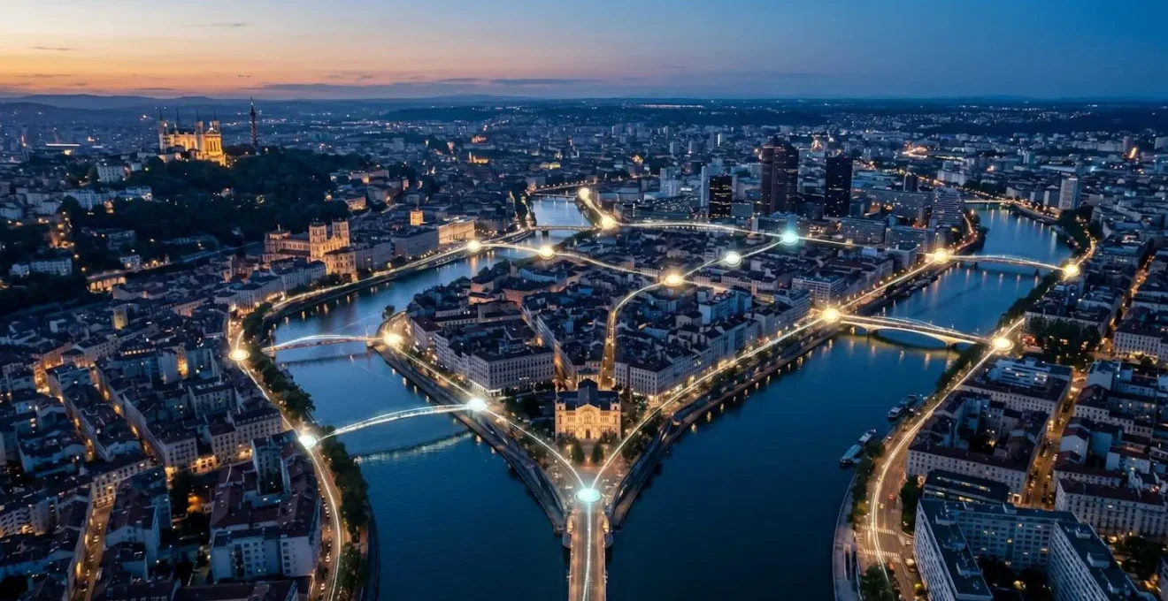 Vue aérienne stylisée de Lyon avec points de repères stratégiques pour le référencement local