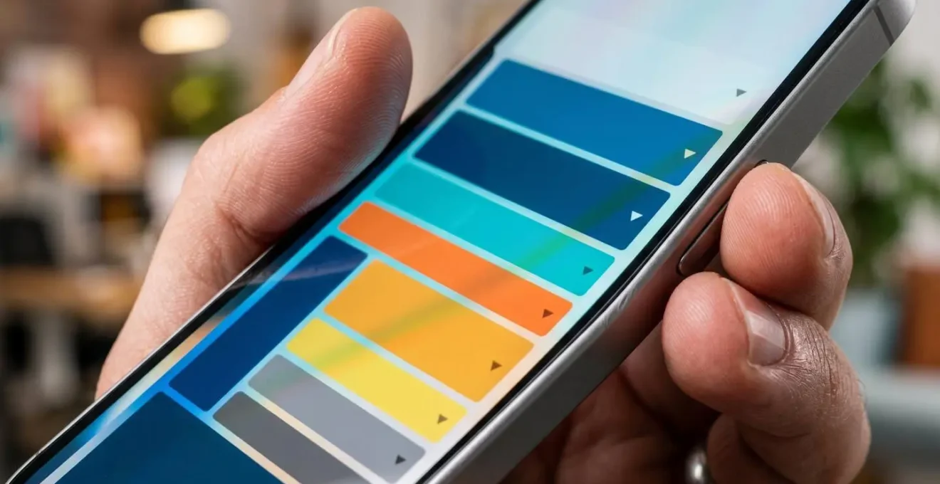 Main tenant un smartphone montrant un tableau transformé en accordéon sur fond flou