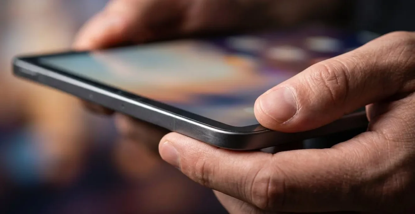 Vue macro d'une tablette tenue à l'horizontale montrant des détails d'interface