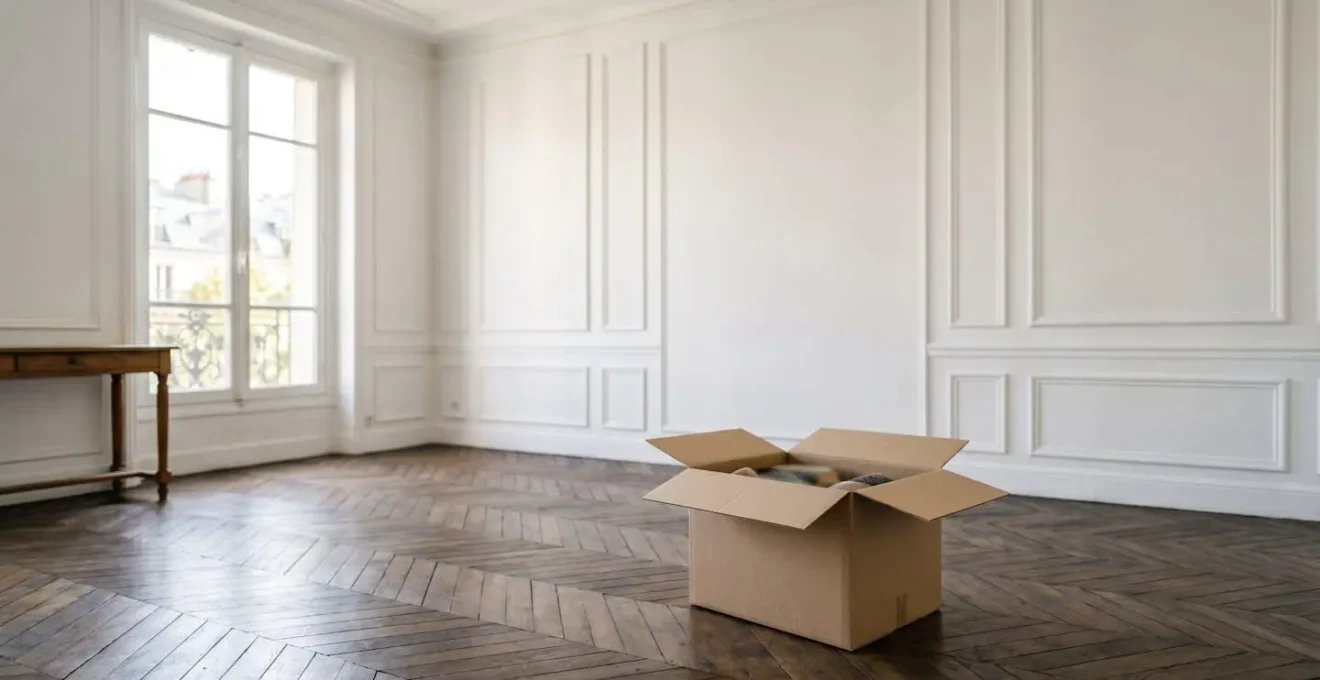 Composition minimaliste d'un colis ouvert dans un environnement épuré avec espace négatif significatif